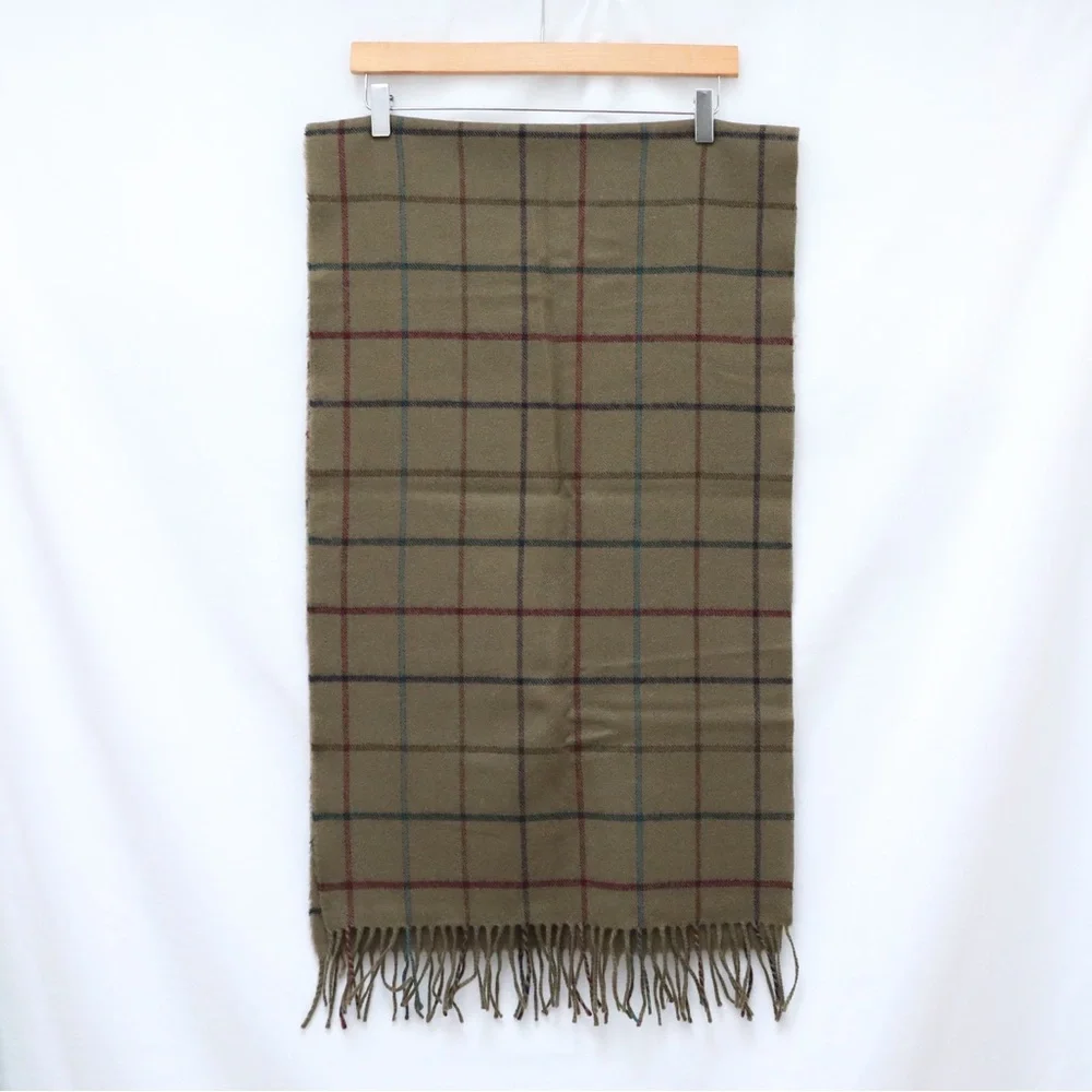 Vintage Wool Scarf plaid unisex mens womens olive green window pane classic warm